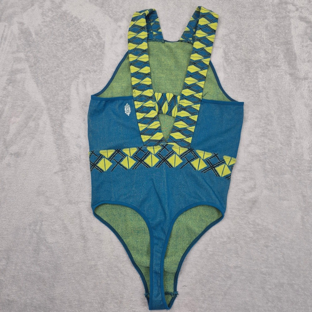 Free People Movement Seamless Argyle Bodysuit Blue Lime Green M/L Open Back USA